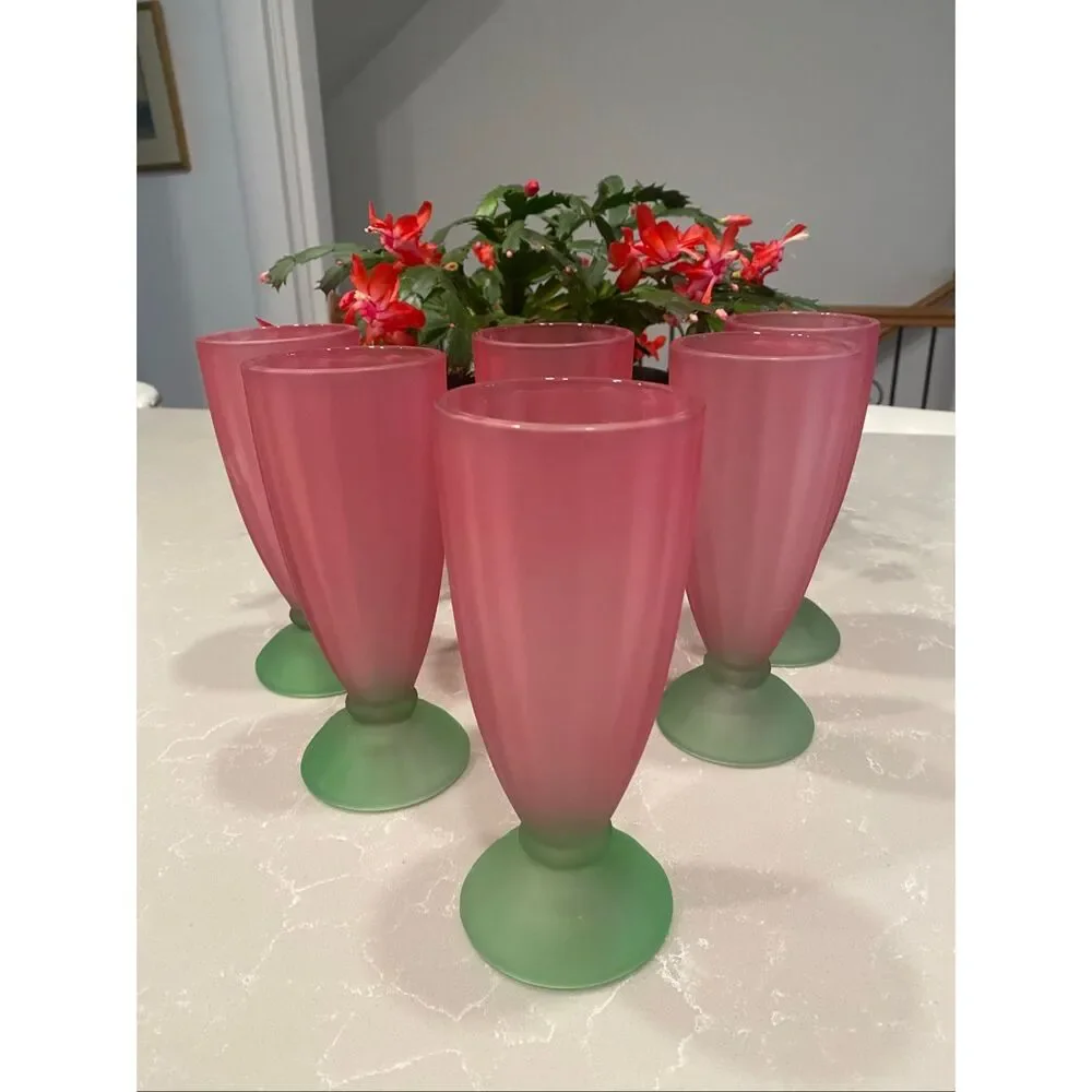 Vintage Libbey Ka-Dinks Parfait Glasses frosted pink bowl and green foot Set of